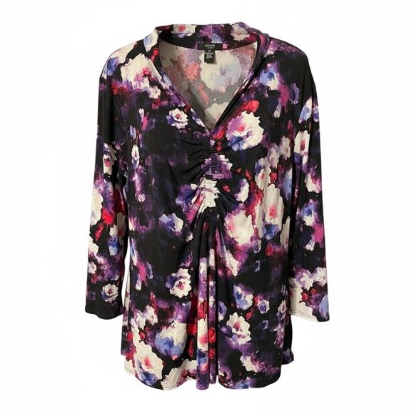 Alfani Woman 3X Floral Ruched V-Neck Tunic Top – Black Purple Fuchsia - Picture 1 of 5